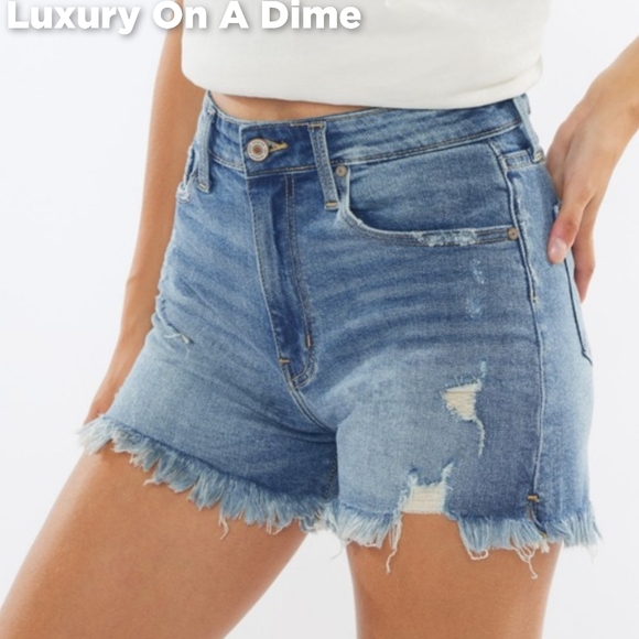 KanCan High Rise Waist Distressed Torn Denim Cut-off Frayed Hem Blue Jean Shorts - Picture 1 of 15